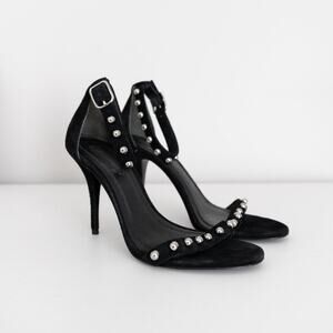 Alexander Wang Studded Antonia Ankle Strap Heel Black Suede Sandal Size 37.5